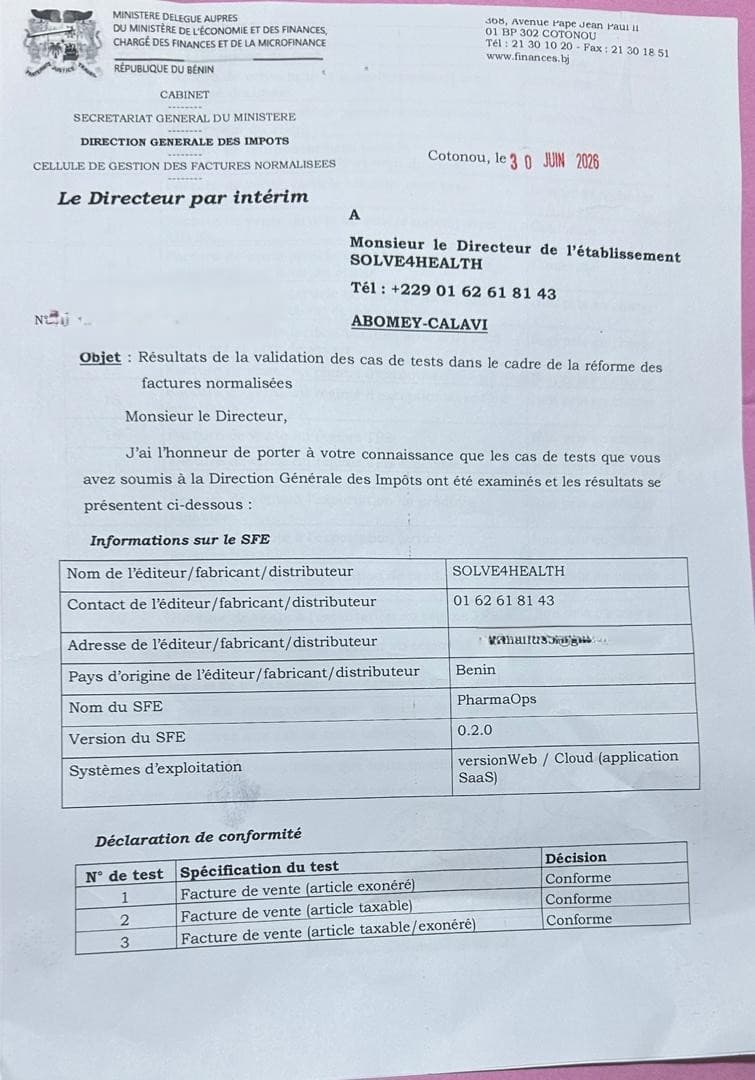 Document DGI relatif à la validation des cas de tests PharmaOPS, daté du 30 juin 2026